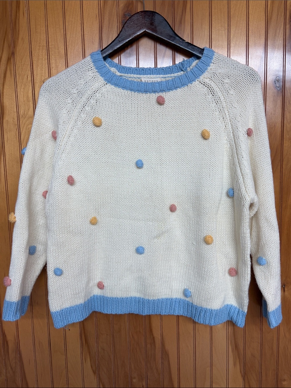 Hayden Girls Cream Multicolor Pom Pom Knit Sweater Blue Trim. Pastel Coquette XL